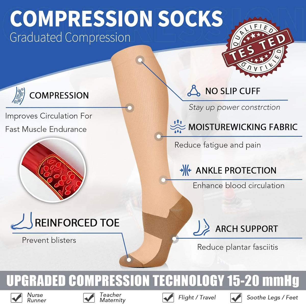 Sooverki Copper Compression Socks for Men & Women 8 Pack 15-20mmHg - Knee High Stockings Best Support for Running Athletic