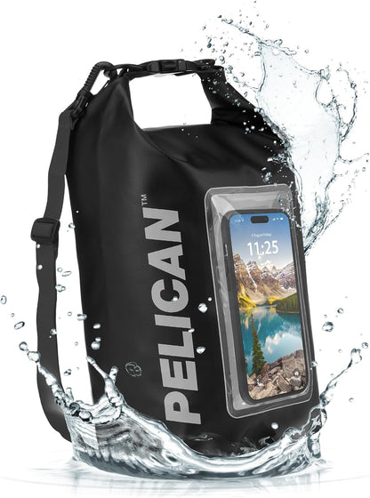 Pelican Marine IP68 Waterproof Dry Bag 2L - Roll Top Waterproof Backpack w/Phone Case/Pouch - Boating & Kayak Accessories - Essentials for Camping Swimming Beach Fishing Rafting Travel - Black/Yellow
