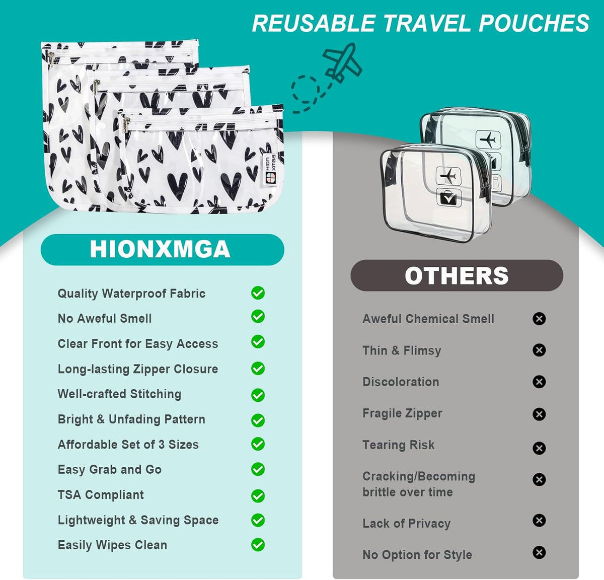 HIONXMGA TSA Approved Toiletry Bag, Set of 3 Clear Travel Toiletry Bag Quart Size Zipper Travel Pouch, Waterproof Makeup Cosmetic Bag for Women Men Kids Toiletries Carry on, Cacti A