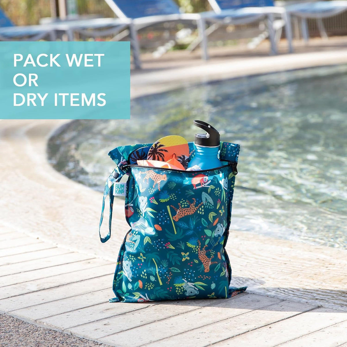 Bumkins Waterproof Wet Bag for Baby, Travel, Swim Suit, Cloth Diapers, Pump Parts, Pool, Beach, Gym Clothes, Toiletry, Hook to Stroller, Daycare, Zipper Reusable Wetdry Packing Pouch, Jungle
