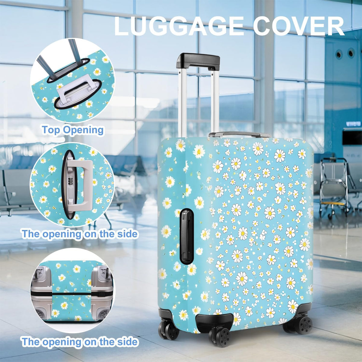 All Over Daisy Print Luggage Cover – Blue Suitcase Protector with White Floral Pattern, Washable Stretch Travel Case for 32-34 Inch Luggage,XL