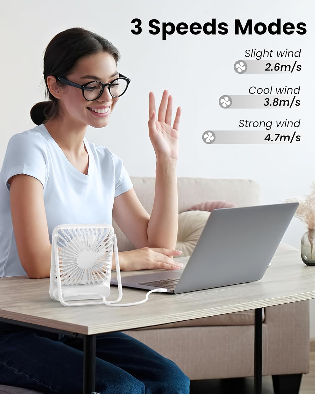 Koonie USB Desk Fan, Strong Wind Ultra Quiet Small Personal Fan with 180° Tilt Folding and 3 Speeds Adjustable, USB-C Corded Powered Mini USB Fan for Office Desktop Bedroom, NO BATTERY