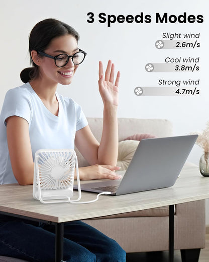 Koonie USB Desk Fan, Strong Wind Ultra Quiet Small Personal Fan with 180° Tilt Folding and 3 Speeds Adjustable, USB-C Corded Powered Mini USB Fan for Office Desktop Bedroom, NO BATTERY