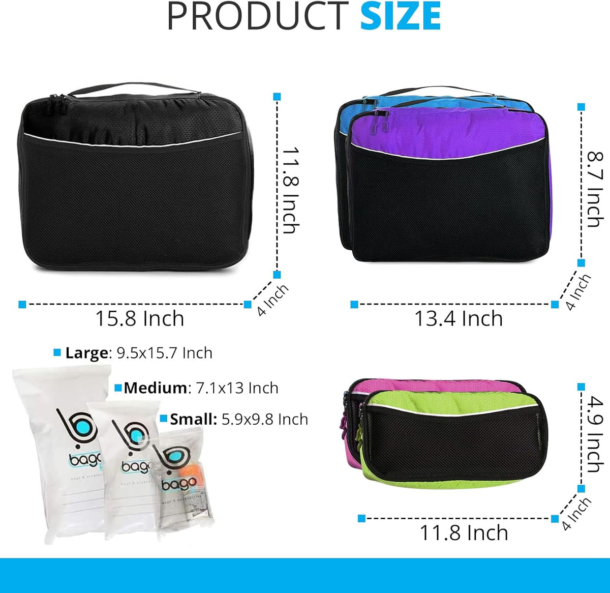 bago 7 Pcs Packing Cubes for Travel - 4 Travel Packing Cubes for Suitcases with 3 ZipLock Bags - Luggage Organizer Bags to Get Maximum Storage, Save Time & Effort to Pack (Green Red PurpleYellow)