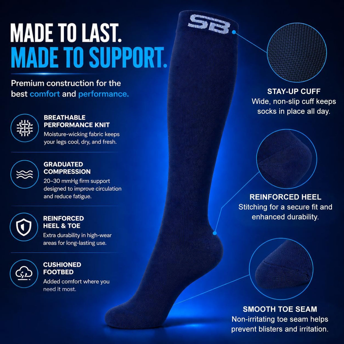 SB SOX Compression Socks for Men & Women (20-30mmHg) – Best Compression Socks for Flying, Medical, Sports, Wide Calf Fit, and Daily Wear