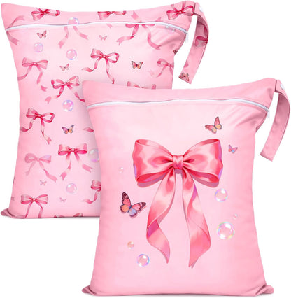 2 Pcs Large Travel Laundry Bags Waterproof Wet Dry Bag, Washable Dirty Clothes Bags for Travel，Drawstring, Bathing Suit, Workout, Gym Clothes Laundry, Swimming Pool & College Dorm, Pink Bow