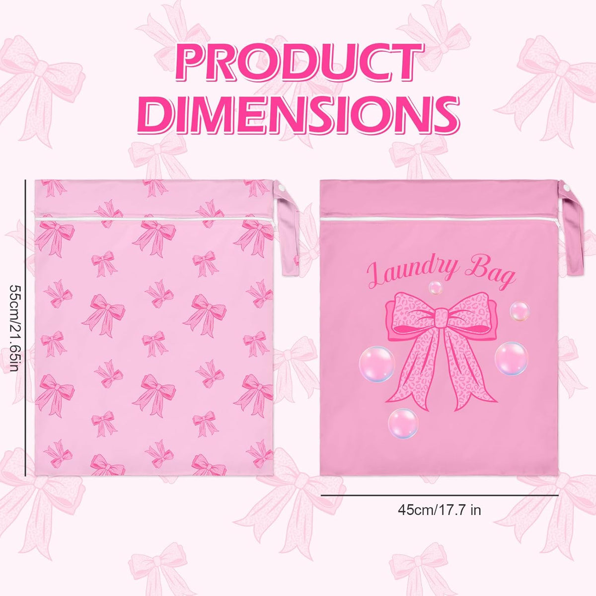 2 Pcs Large Travel Laundry Bags Waterproof Wet Dry Bag, Washable Dirty Clothes Bags for Travel，Drawstring, Bathing Suit, Workout, Gym Clothes Laundry, Swimming Pool & College Dorm, Pink Bow