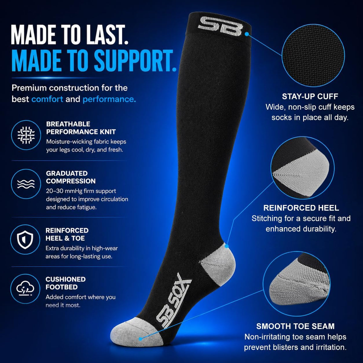 SB SOX Compression Socks for Men & Women (20-30mmHg) – Best Compression Socks for Flying, Medical, Sports, Wide Calf Fit, and Daily Wear