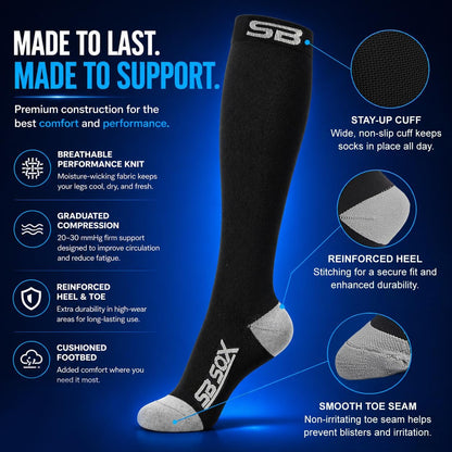 SB SOX Compression Socks for Men & Women (20-30mmHg) – Best Compression Socks for Flying, Medical, Sports, Wide Calf Fit, and Daily Wear