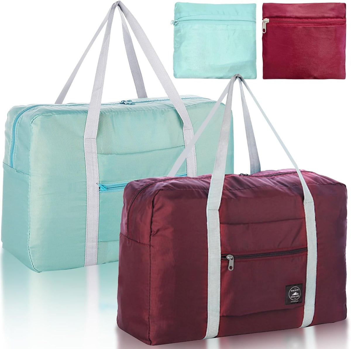 Foldable Travel Duffel Bags 2PCS Tote Carry On Luggage Spirit Airlines Personal Item Sports Gym Weekender Overnight Bags for Women and Men (Red+Blue)