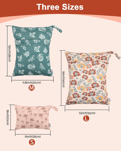 ALVA ALVABABY 3pcs Baby Cloth Diaper Wet/Dry Bags|Waterproof Reusable with Two Pockets|Travel, Beach, Pool, Daycare, Soiled Baby Items,Yoga,Gym Bag for Swimsuits or Wet Clothes 3L-ZM09 - Colors A