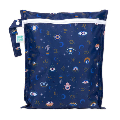 Bumkins Roamio Waterproof Wet Bag for Baby, Travel, Swim Suit, Cloth Diapers, Pump Parts, Pool, Beach, Gym Clothes, Toiletry, Hook to Stroller, Daycare, Zip Reusable Wetdry Packing Pouch, Blue Shells - Colors A