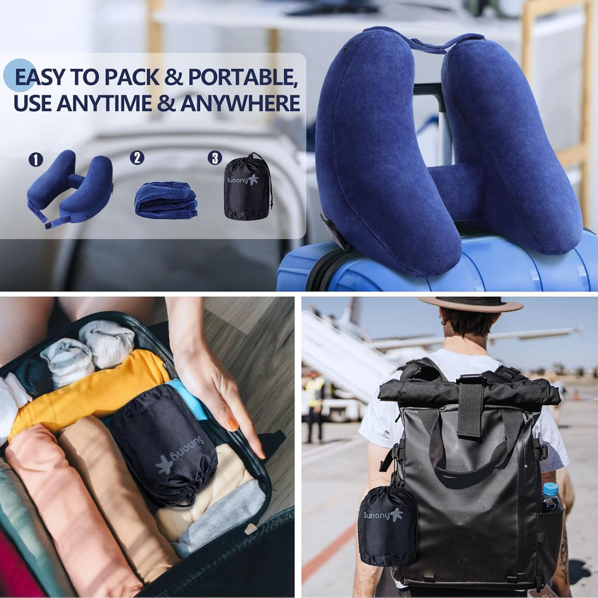 Sunany Travel Neck Pillow for Airplane Pillow Comfortably Supports Head, Neck and Chin, Inflatable Travel Pillow with Soft Velour Cover and Portable Drawstring Bag (Black, H-Shape)