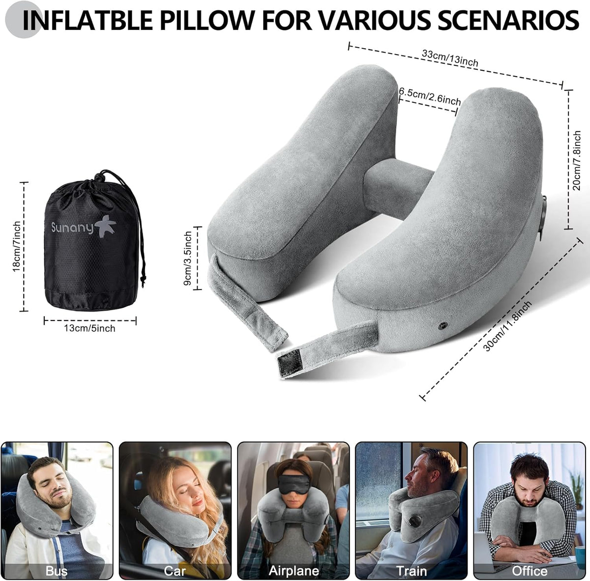 Sunany Travel Neck Pillow for Airplane Pillow Comfortably Supports Head, Neck and Chin, Inflatable Travel Pillow with Soft Velour Cover and Portable Drawstring Bag (Black, H-Shape)