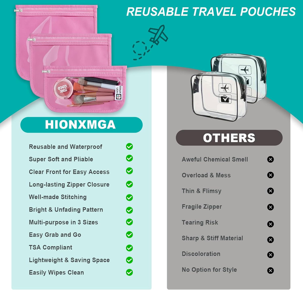 HIONXMGA TSA Approved Toiletry Bag, Set of 3 Clear Travel Toiletry Bag Quart Size Zipper Travel Pouch, Waterproof Makeup Cosmetic Bag for Women Men Kids Toiletries Carry on, Cacti A
