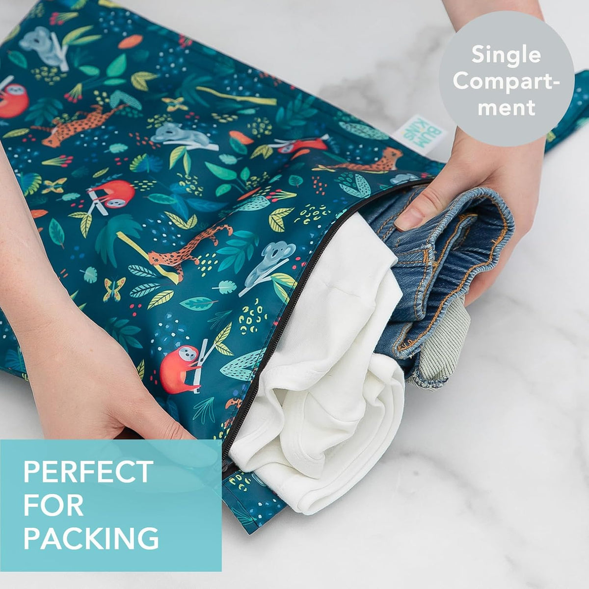 Bumkins Waterproof Wet Bag for Baby, Travel, Swim Suit, Cloth Diapers, Pump Parts, Pool, Beach, Gym Clothes, Toiletry, Hook to Stroller, Daycare, Zipper Reusable Wetdry Packing Pouch, Jungle