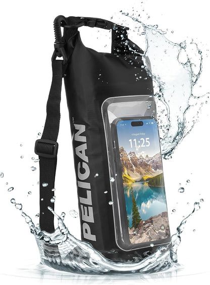 Pelican Marine IP68 Waterproof Dry Bag 2L - Roll Top Waterproof Backpack w/Phone Case/Pouch - Boating & Kayak Accessories - Essentials for Camping Swimming Beach Fishing Rafting Travel - Black/Yellow