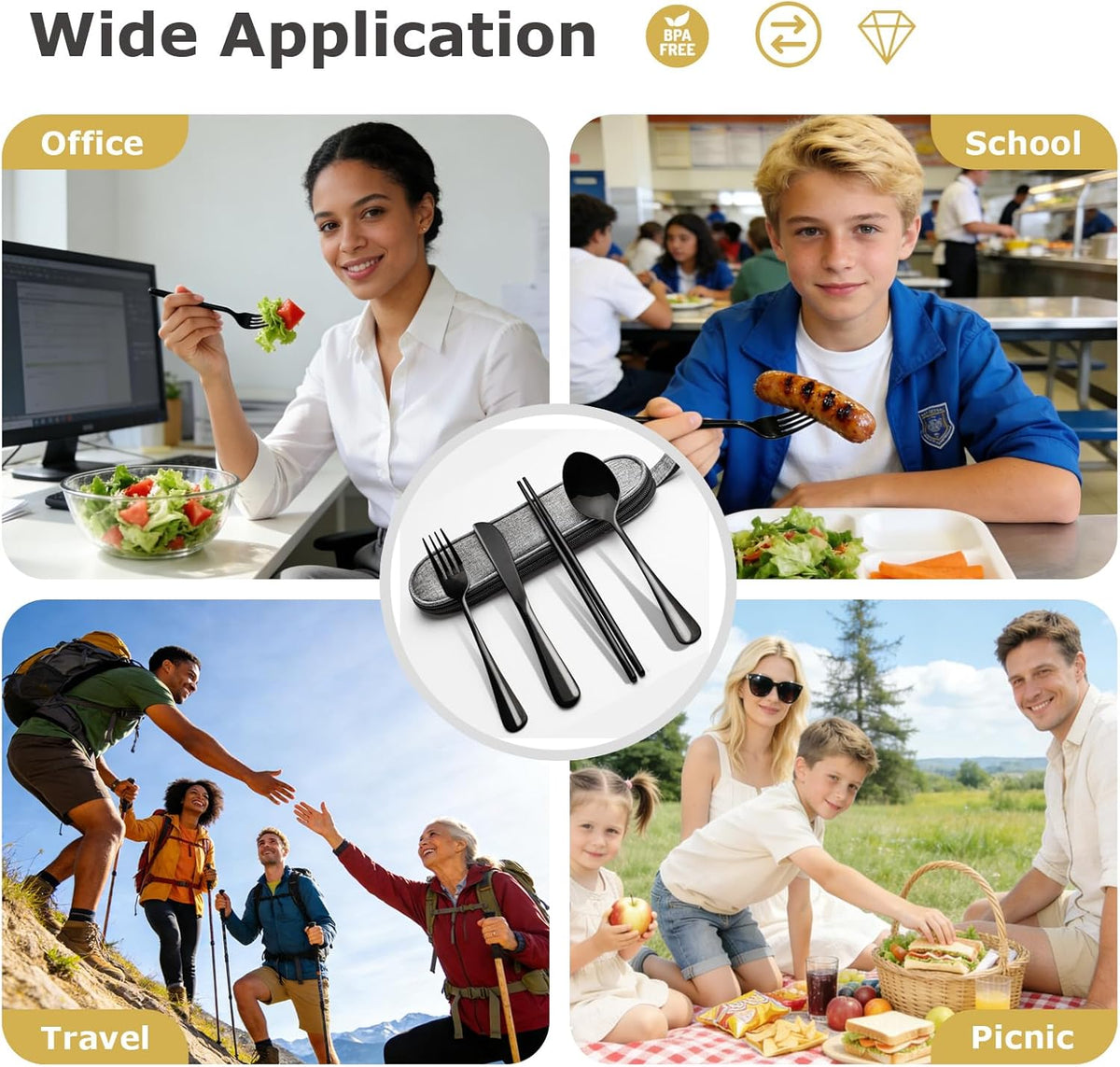 Matte Black 5-Piece Stainless Steel Travel Utensil Set with Waterproof Case, Reusable Portable Flatware Includes Knife, Fork, Spoon, Chopsticks for Camping, Office, Picnic & Daily Use
