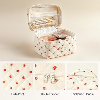 HBselect Quilted Makeup Bag, 3PCS Cotton Large Travel Makeup Bag, Cute Floral Coquette Make up Bag Cosmetic Bag Toiletry Bag for Women Girls - Colors B
