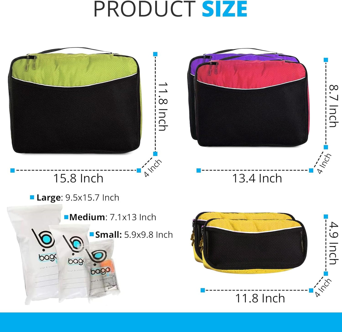bago 7 Pcs Packing Cubes for Travel - 4 Travel Packing Cubes for Suitcases with 3 ZipLock Bags - Luggage Organizer Bags to Get Maximum Storage, Save Time & Effort to Pack (Green Red PurpleYellow)