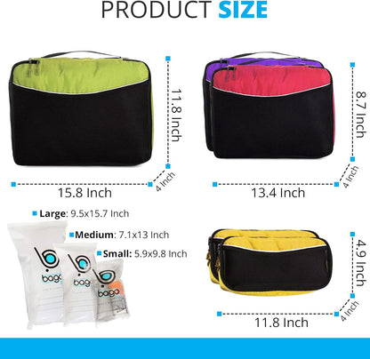 bago 7 Pcs Packing Cubes for Travel - 4 Travel Packing Cubes for Suitcases with 3 ZipLock Bags - Luggage Organizer Bags to Get Maximum Storage, Save Time & Effort to Pack (Green Red PurpleYellow)