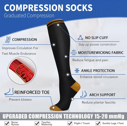 Sooverki Copper Compression Socks for Men & Women 8 Pack 15-20mmHg - Knee High Stockings Best Support for Running Athletic
