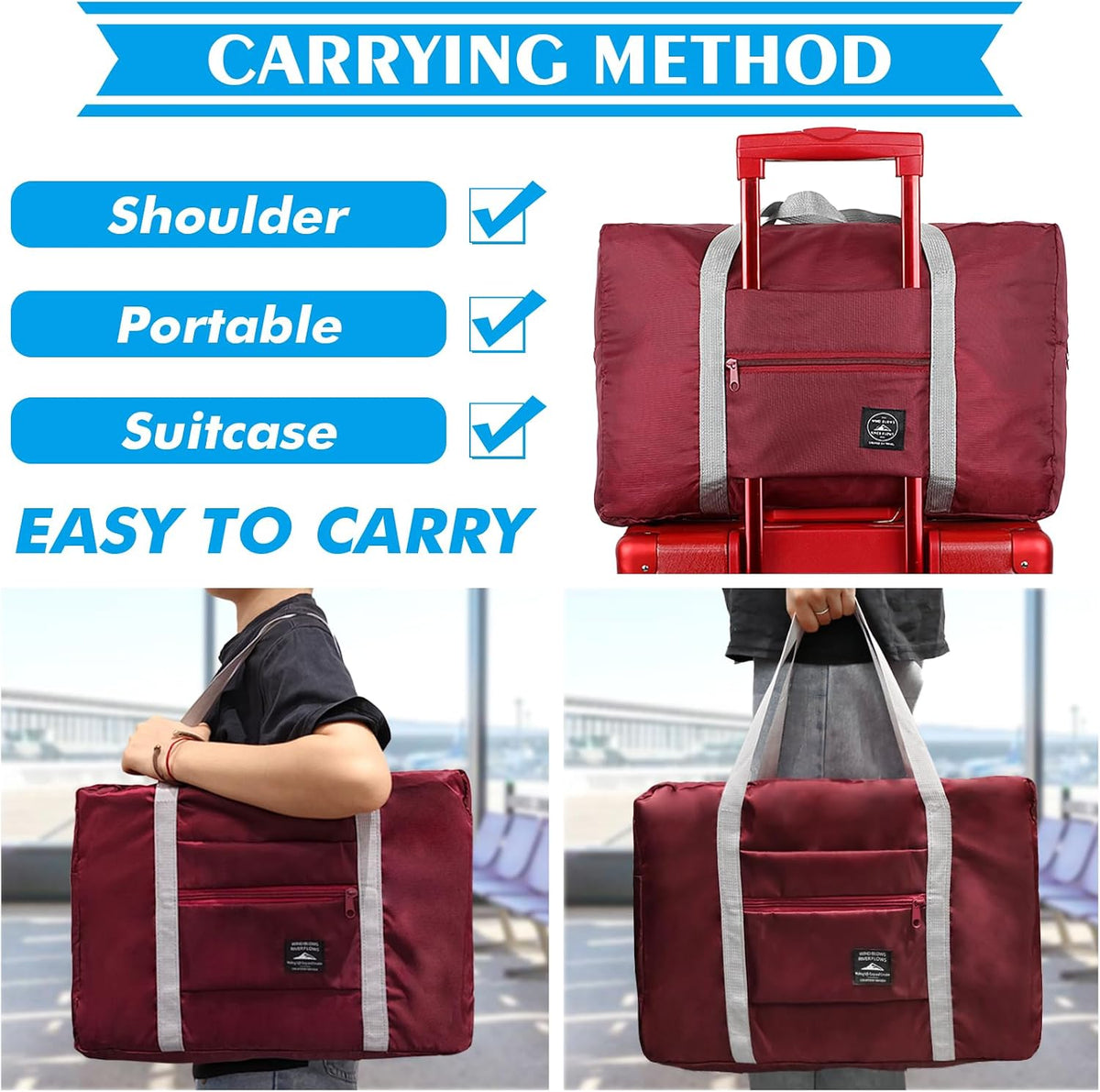 Foldable Travel Duffel Bags 2PCS Tote Carry On Luggage Spirit Airlines Personal Item Sports Gym Weekender Overnight Bags for Women and Men (Red+Blue)