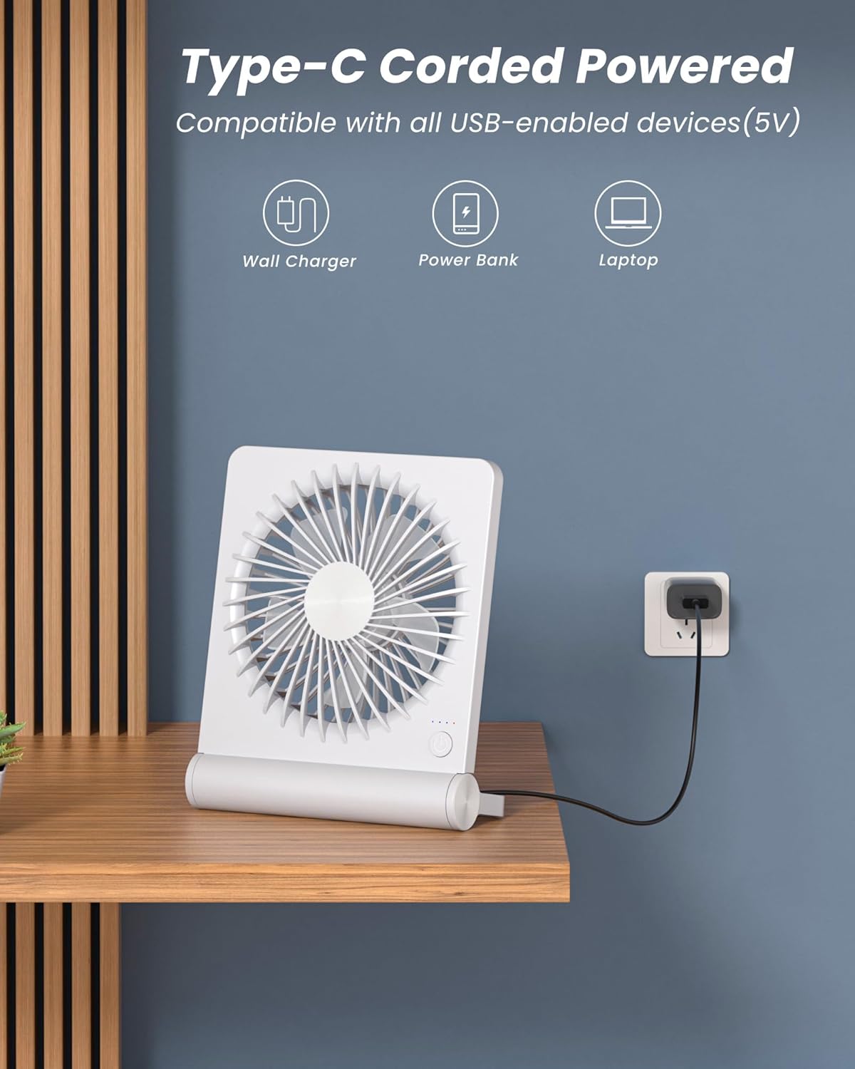 Koonie USB Desk Fan, Strong Wind Ultra Quiet Small Personal Fan with 180° Tilt Folding and 3 Speeds Adjustable, USB-C Corded Powered Mini USB Fan for Office Desktop Bedroom, NO BATTERY