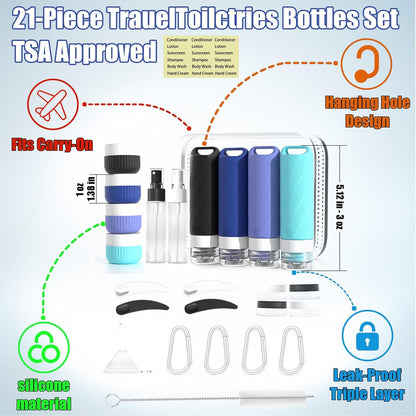26 Pcs TSA Approved Travel Toiletry Bottles Set, Leakproof Silicone Refillable Travel Containers with Hanging Hole & Carabiner, Portable Essentials, for Shampoo Conditioner Lotion Body Wash