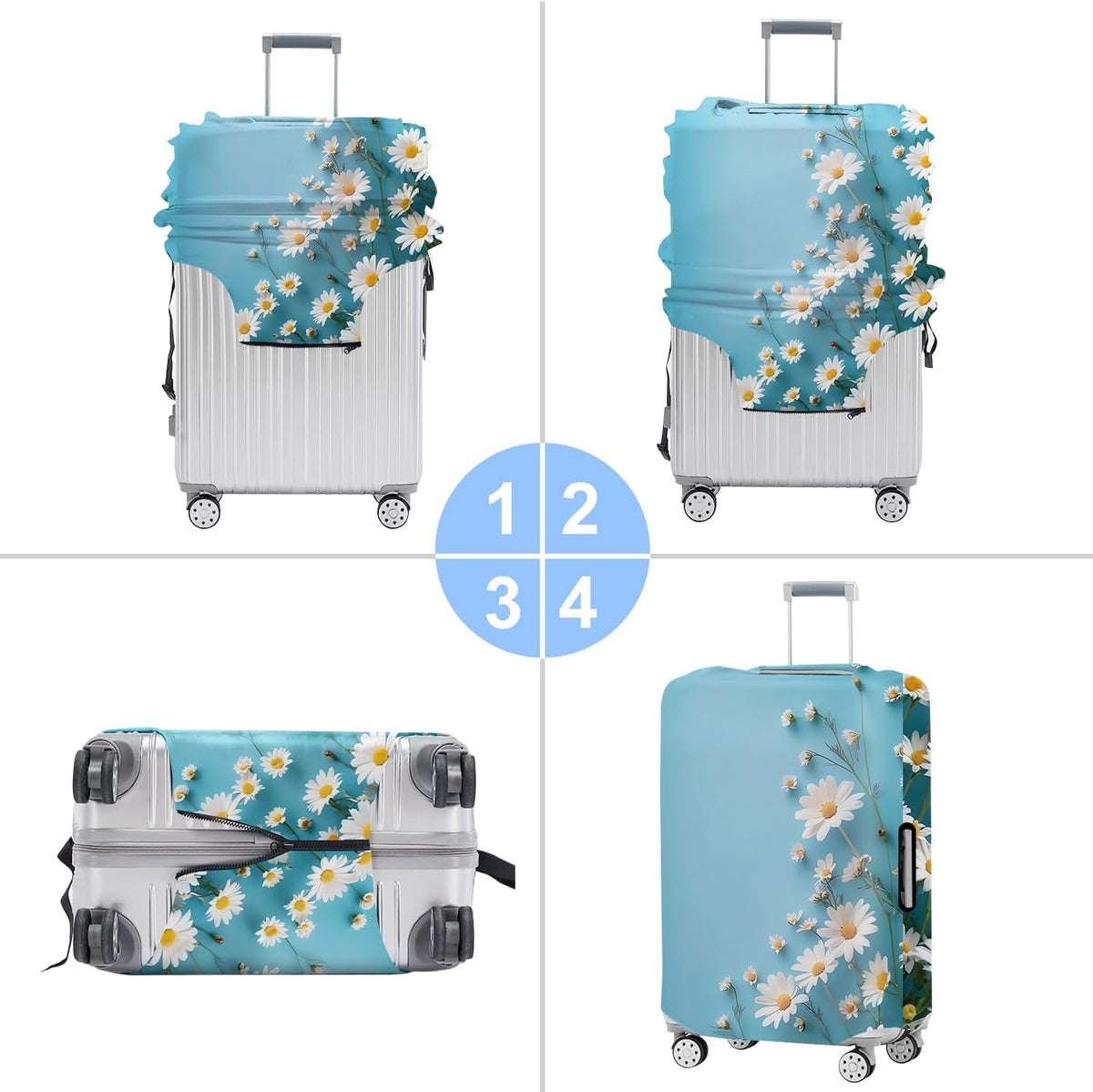 All Over Daisy Print Luggage Cover – Blue Suitcase Protector with White Floral Pattern, Washable Stretch Travel Case for 32-34 Inch Luggage,XL