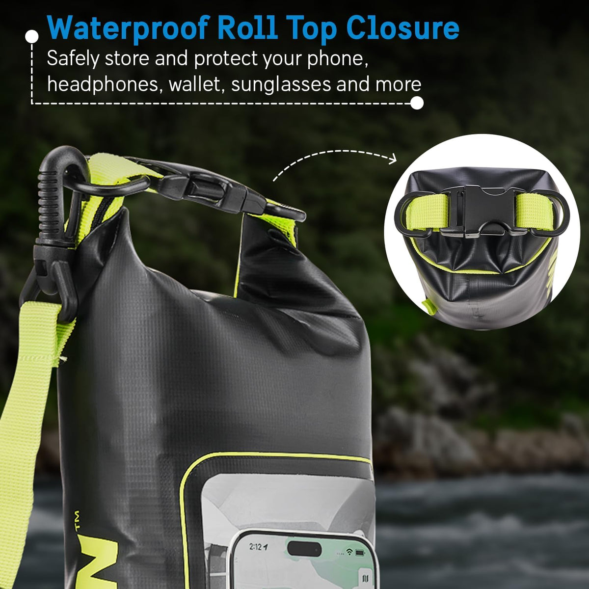 Pelican Marine IP68 Waterproof Dry Bag 2L - Roll Top Waterproof Backpack w/Phone Case/Pouch - Boating & Kayak Accessories - Essentials for Camping Swimming Beach Fishing Rafting Travel - Black/Yellow