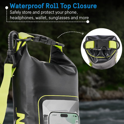 Pelican Marine IP68 Waterproof Dry Bag 2L - Roll Top Waterproof Backpack w/Phone Case/Pouch - Boating & Kayak Accessories - Essentials for Camping Swimming Beach Fishing Rafting Travel - Black/Yellow
