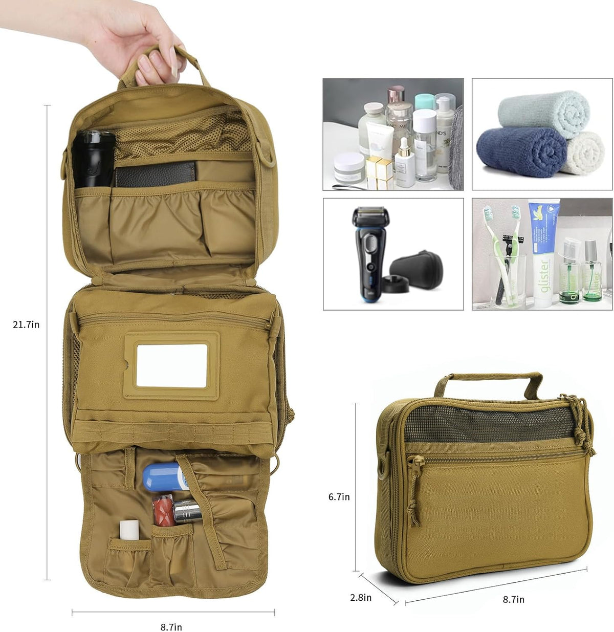 SUNRISING Tactical Toiletry Bag for Men, Hanging Travel Toiletry Organizer Dopp Kit, Shaving Hygiene Toiletries Bag, Men's Toiletry Bag for Short Trips Camping - Green