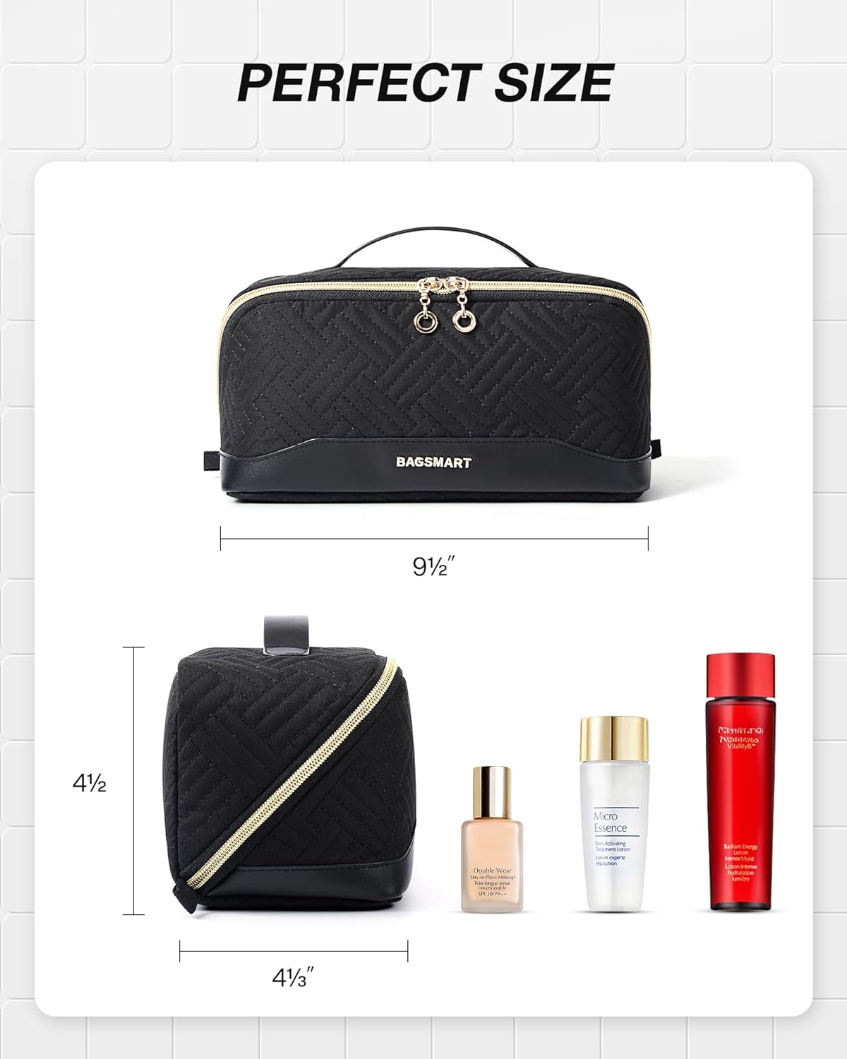 BAGSMART Travel Makeup Bag for Women, Portable Water-resistant Cosmetic Case, Puffy Padded Make Up Organizer Pouch, Open Flat Toiletry Bag for Toiletries, Brushes, Black