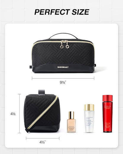 BAGSMART Travel Makeup Bag for Women, Portable Water-resistant Cosmetic Case, Puffy Padded Make Up Organizer Pouch, Open Flat Toiletry Bag for Toiletries, Brushes, Black
