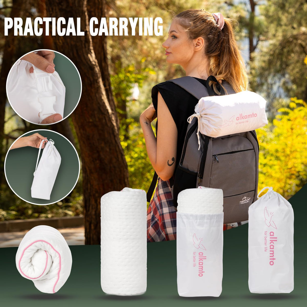 Travel & Camping Comfortable Memory Foam Pillow – Easy to Carry Portable Bag – Temperature Regulating Pillow Case
