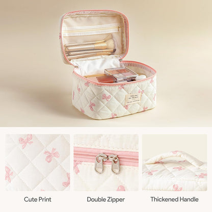 HBselect Quilted Makeup Bag, 3PCS Cotton Large Travel Makeup Bag, Cute Floral Coquette Make up Bag Cosmetic Bag Toiletry Bag for Women Girls - Colors A