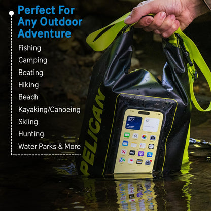 Pelican Marine IP68 Waterproof Dry Bag 2L - Roll Top Waterproof Backpack w/Phone Case/Pouch - Boating & Kayak Accessories - Essentials for Camping Swimming Beach Fishing Rafting Travel - Black/Yellow