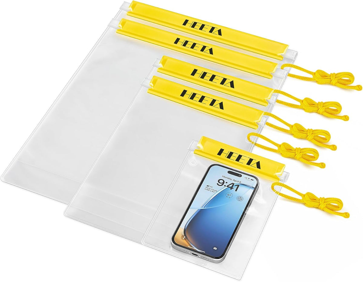 HEETA 5-Pack Clear Waterproof Dry Bag Pouch, Water Tight Cases Dry Bags Document Holder for Camera Mobile Phone Maps, Kayaking Boating