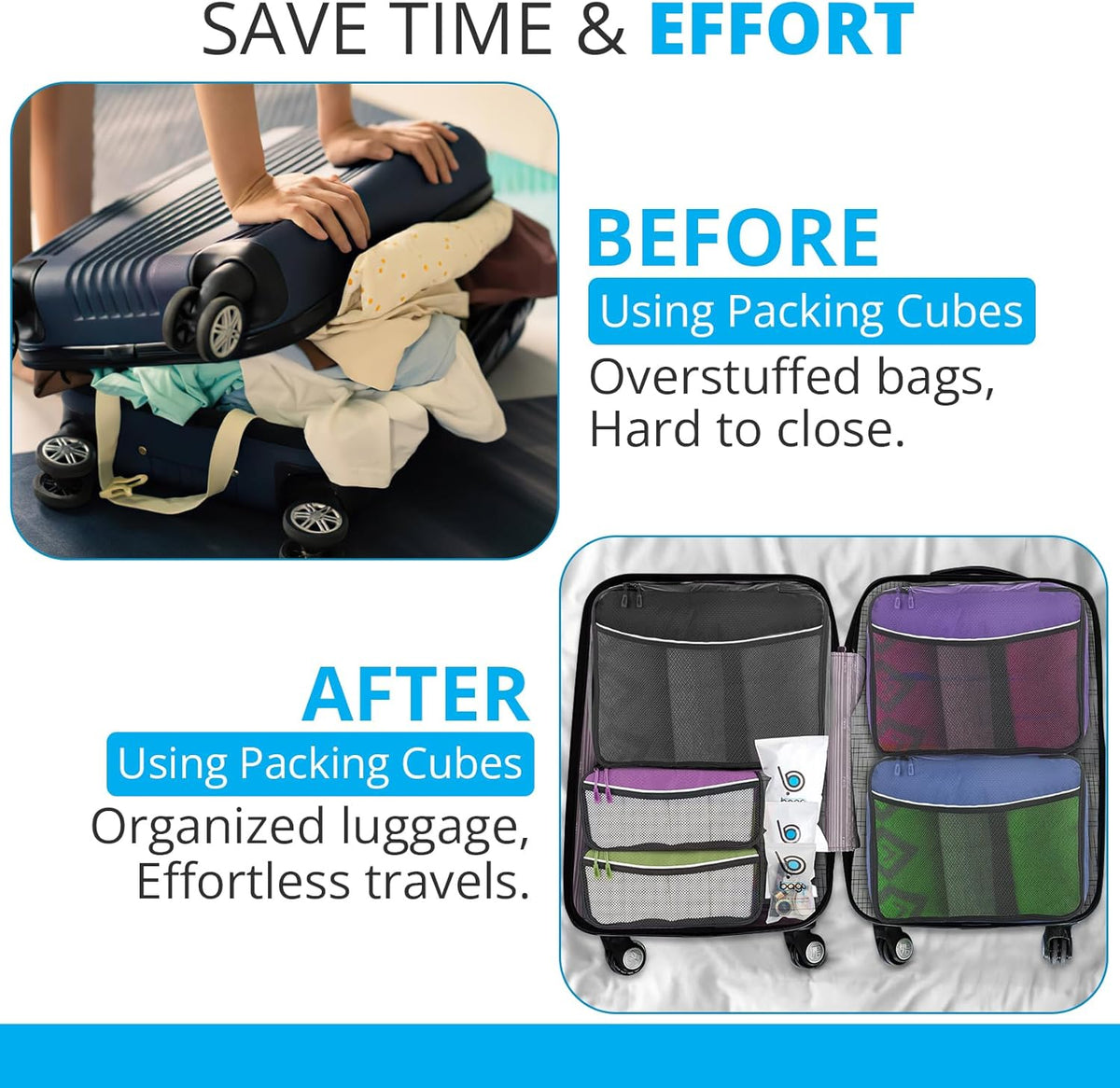bago 7 Pcs Packing Cubes for Travel - 4 Travel Packing Cubes for Suitcases with 3 ZipLock Bags - Luggage Organizer Bags to Get Maximum Storage, Save Time & Effort to Pack (Green Red PurpleYellow)