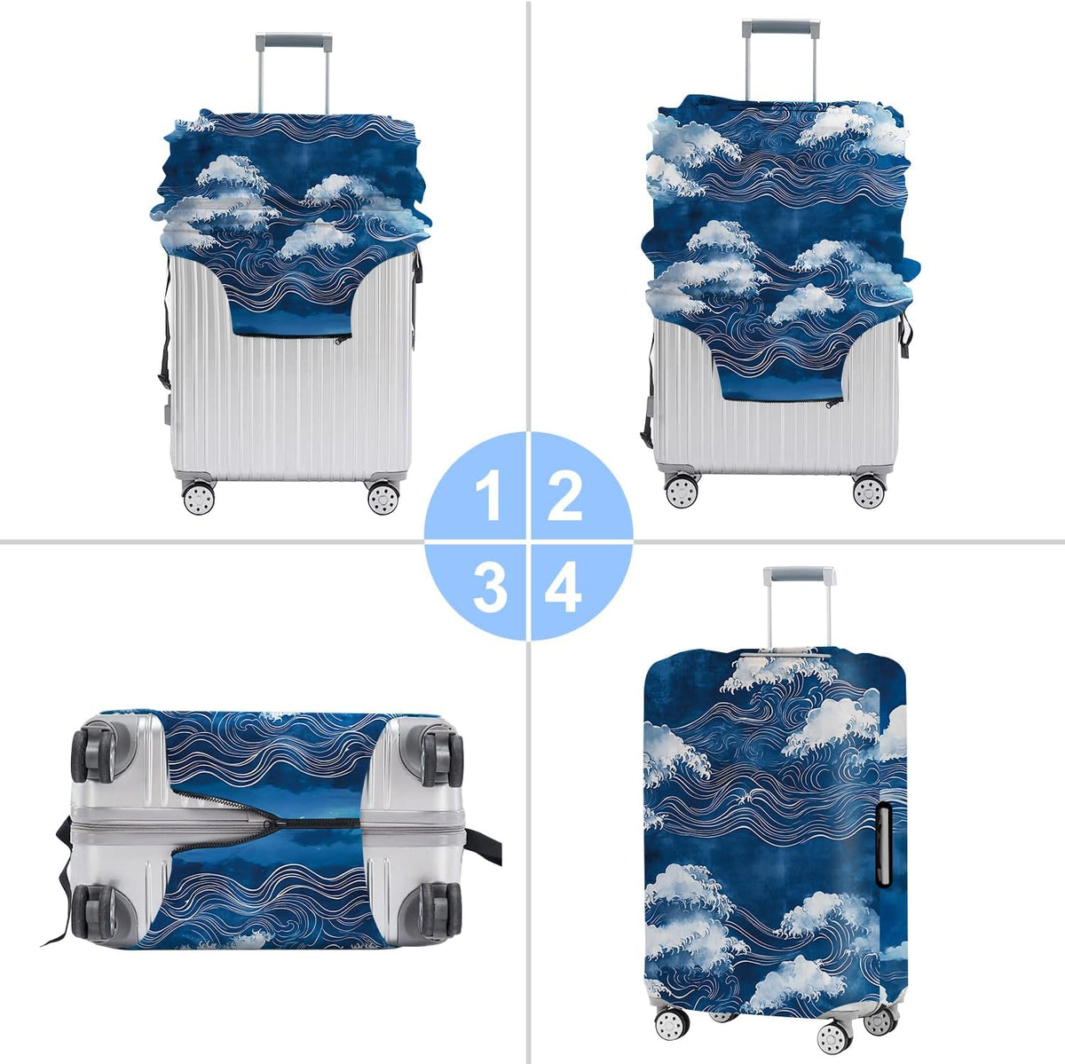 All Over Daisy Print Luggage Cover – Blue Suitcase Protector with White Floral Pattern, Washable Stretch Travel Case for 32-34 Inch Luggage,XL