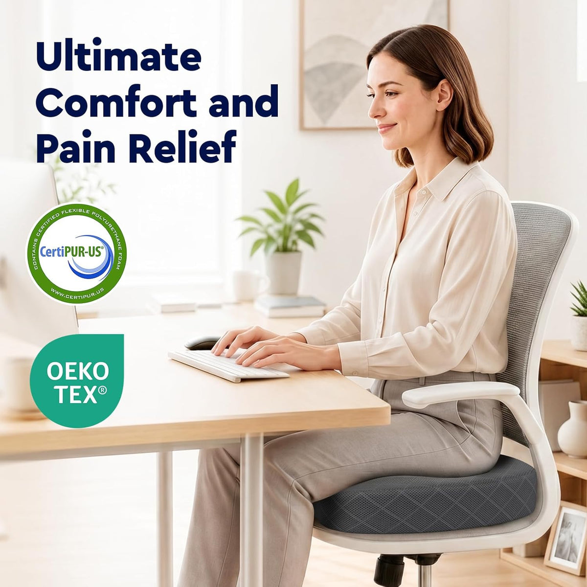 TushGuard Seat Cushion, Memory Foam Office Chair Cushion - Grey, Large