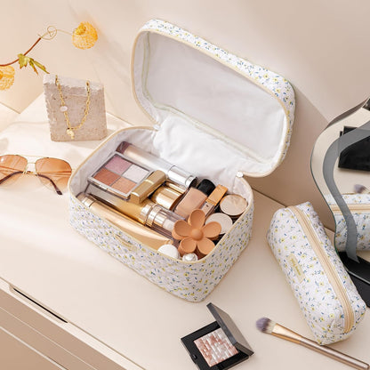 HBselect Quilted Makeup Bag, 3PCS Cotton Large Travel Makeup Bag, Cute Floral Coquette Make up Bag Cosmetic Bag Toiletry Bag for Women Girls - Colors A