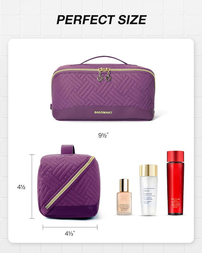 BAGSMART Travel Makeup Bag for Women, Portable Water-resistant Cosmetic Case, Puffy Padded Make Up Organizer Pouch, Open Flat Toiletry Bag for Toiletries, Brushes, Black