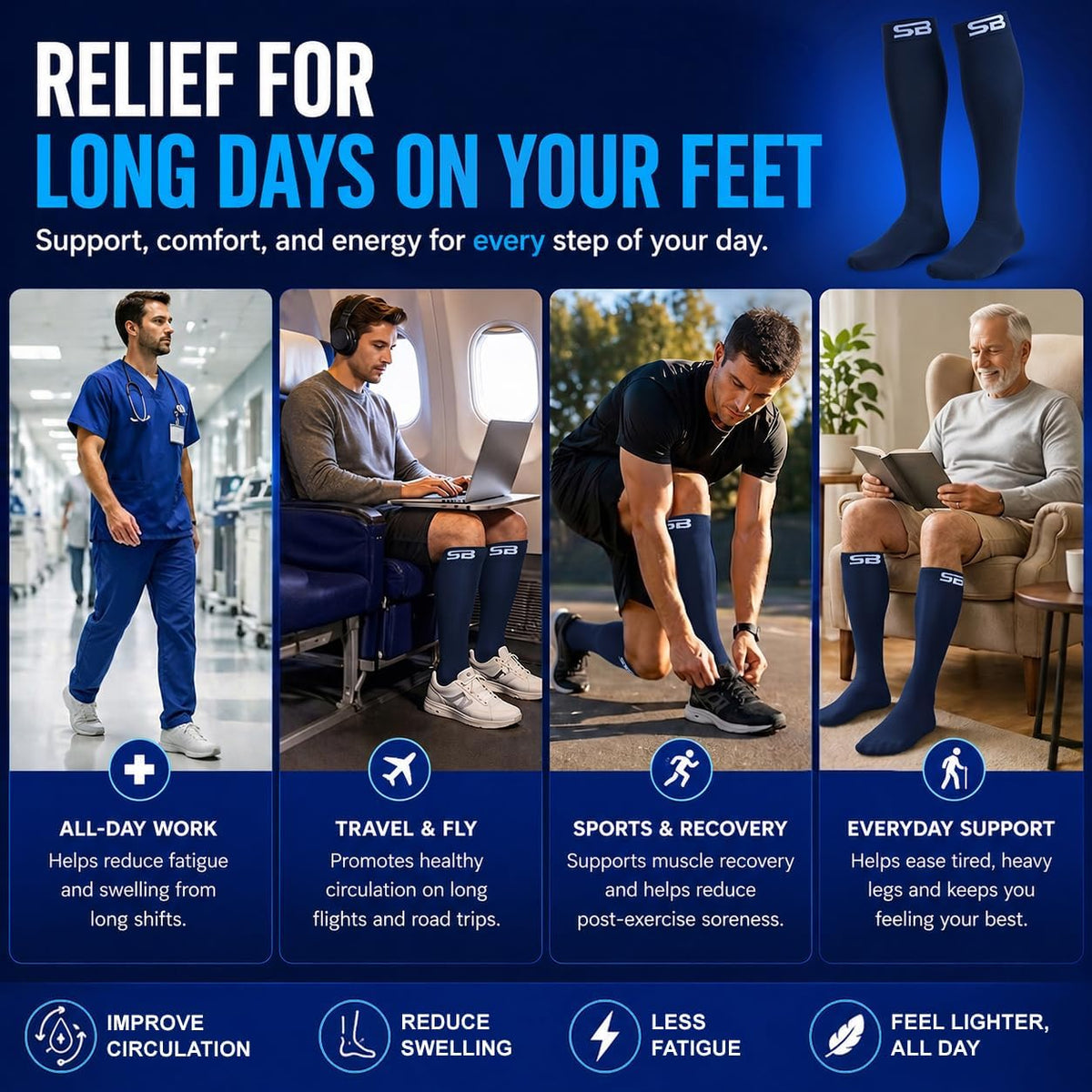 SB SOX Compression Socks for Men & Women (20-30mmHg) – Best Compression Socks for Flying, Medical, Sports, Wide Calf Fit, and Daily Wear