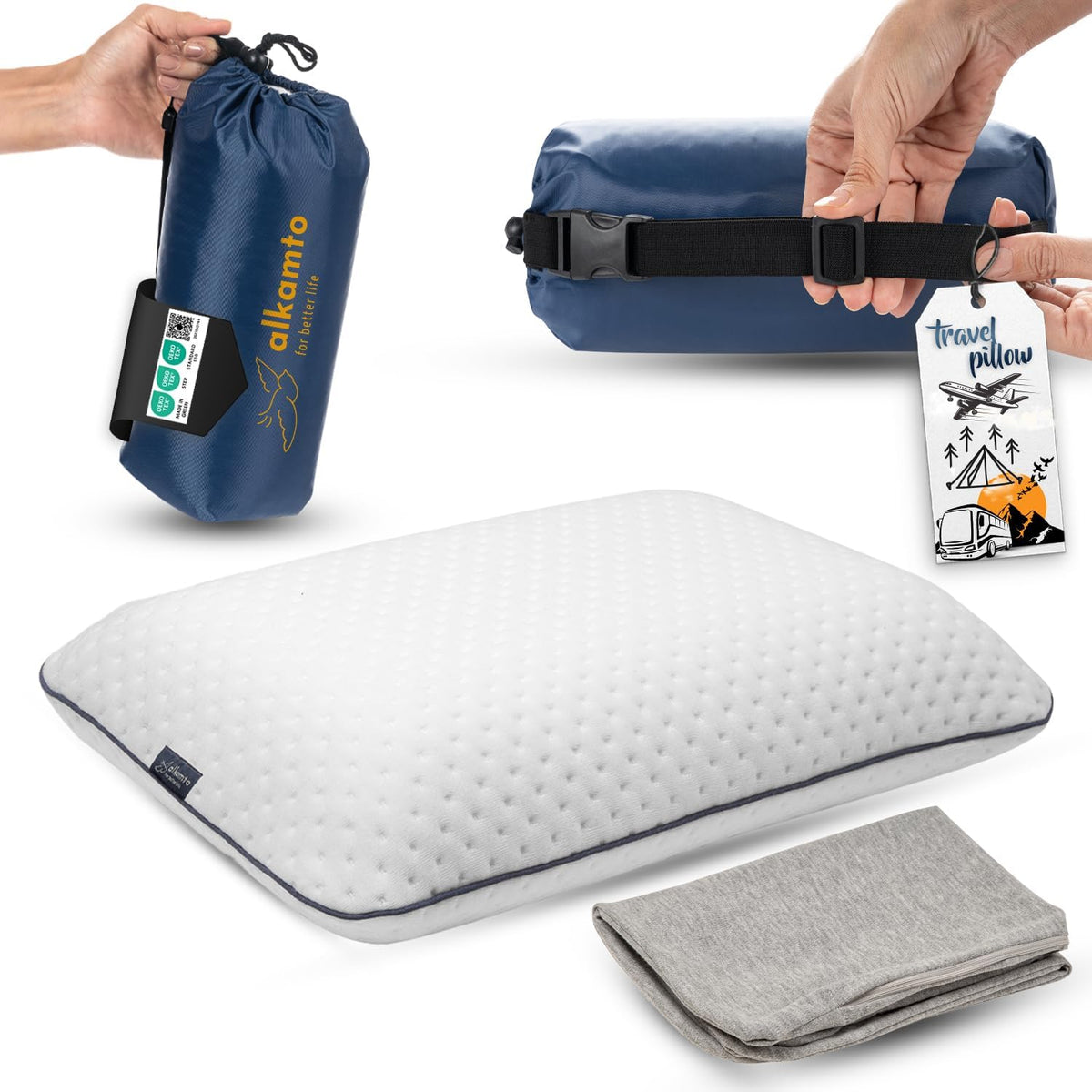 Travel & Camping Comfortable Memory Foam Pillow – Easy to Carry Portable Bag – Temperature Regulating Pillow Case