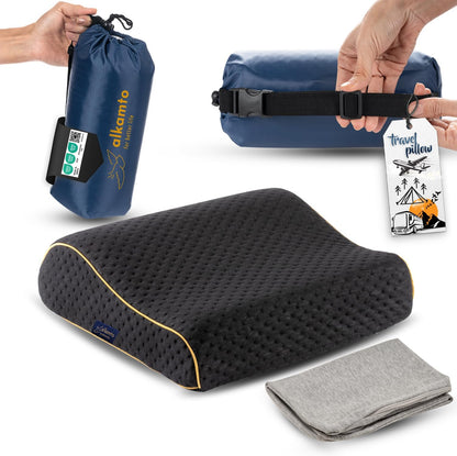 Travel & Camping Comfortable Memory Foam Pillow – Easy to Carry Portable Bag – Temperature Regulating Pillow Case