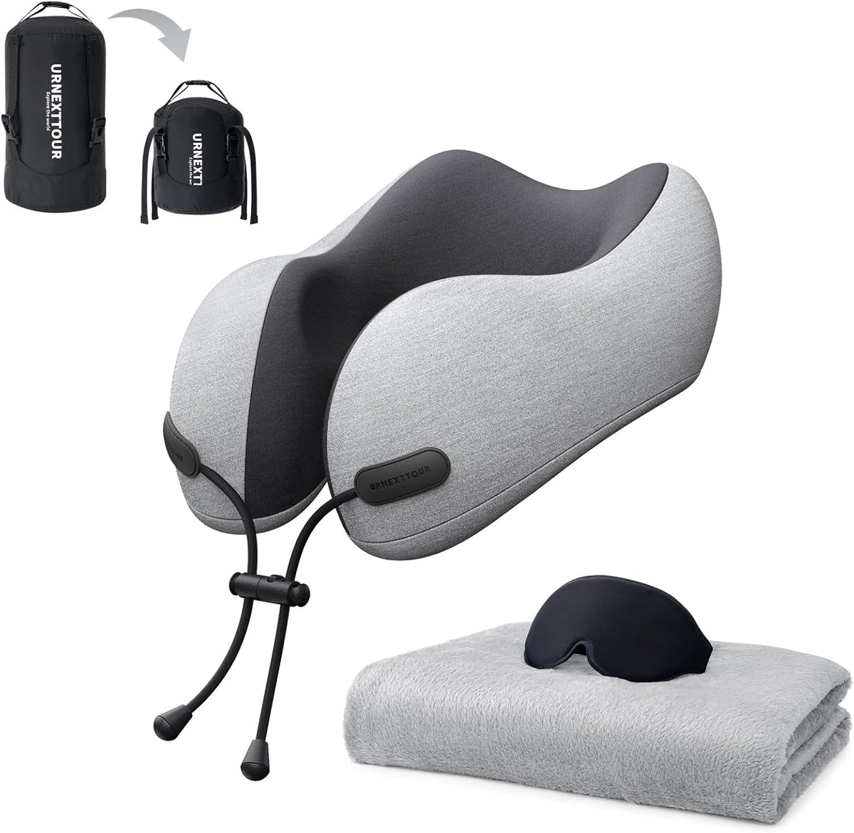 urnexttour Neck Pillow and Blanket Set for Travel Memory Foam Design Models Pillows with Eye Mask and 50% More Storage Bag Traveling Essentials Plane Car Flight Rest Sleeping Use Adult, Blue
