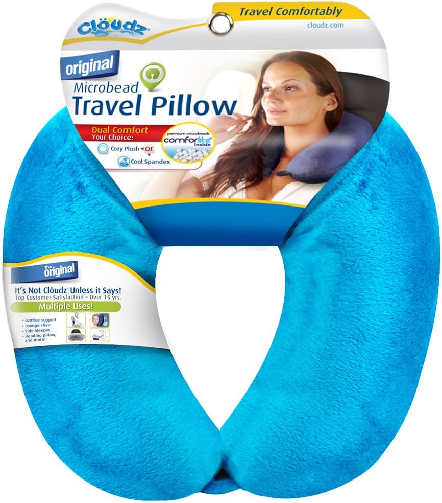 Cloudz Dual Comfort Microbead Airplane Travel Neck Pillow. Super Soft Cozy Plush Fabric on One Side, Cool Relaxing Spandex on The Other! Customize Your Comfort and Support at Home or On The Go!- Blue