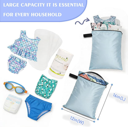 Wet Dry Bags 3 Pack,12x16 Inch Waterproof Reusable Wet Bag For Baby Diapers Swimsuit Wet Clothes Travel Beach Pool Gym,Durable Polyester Fabric,Waterproof Seal Strip Inside,Handle and Zipper,Blue
